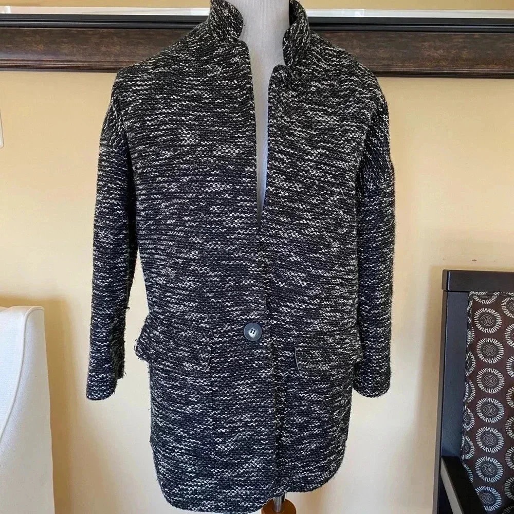 Anthropologie Elevenses Minka Tweed Cocoon Jacket Black White Medium